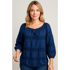 Women's Old Navy Blue Peasant Blouse Sm Lace Detail 3/4 Sleeves Boho Cottagecore